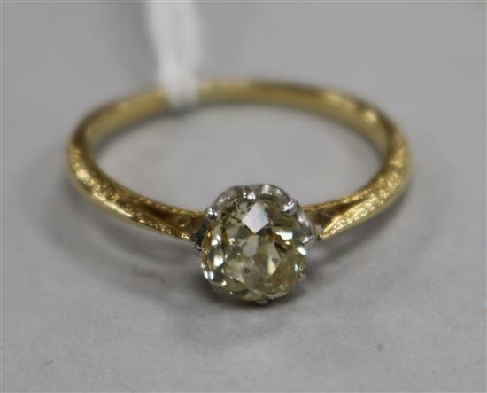 A yellow metal and solitaire diamond ring, size L.